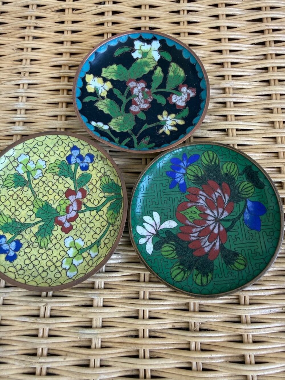 Vintage 1930s Lot Chinese Small trinket Dishes Cloisonne Enamel Floral